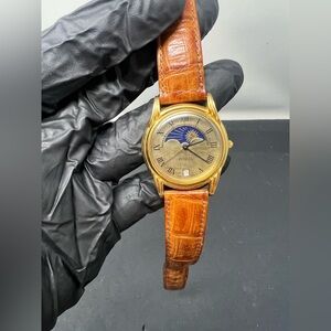 Vintage Fossil Mens Watch 34mm Gold Tone Brown Leather Moon Phase New Battery